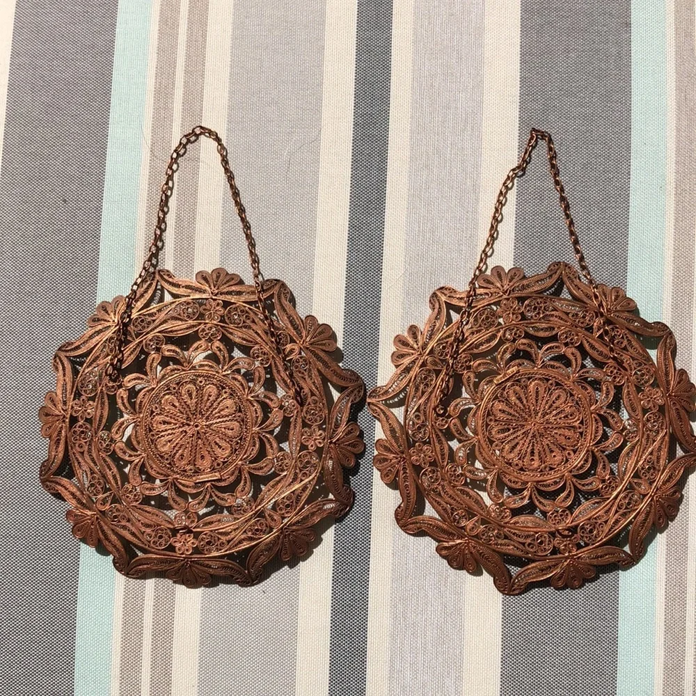 Vintage Rare Mid Century Albanian Handcrafted Copper Wall Art Filigree Decor Set